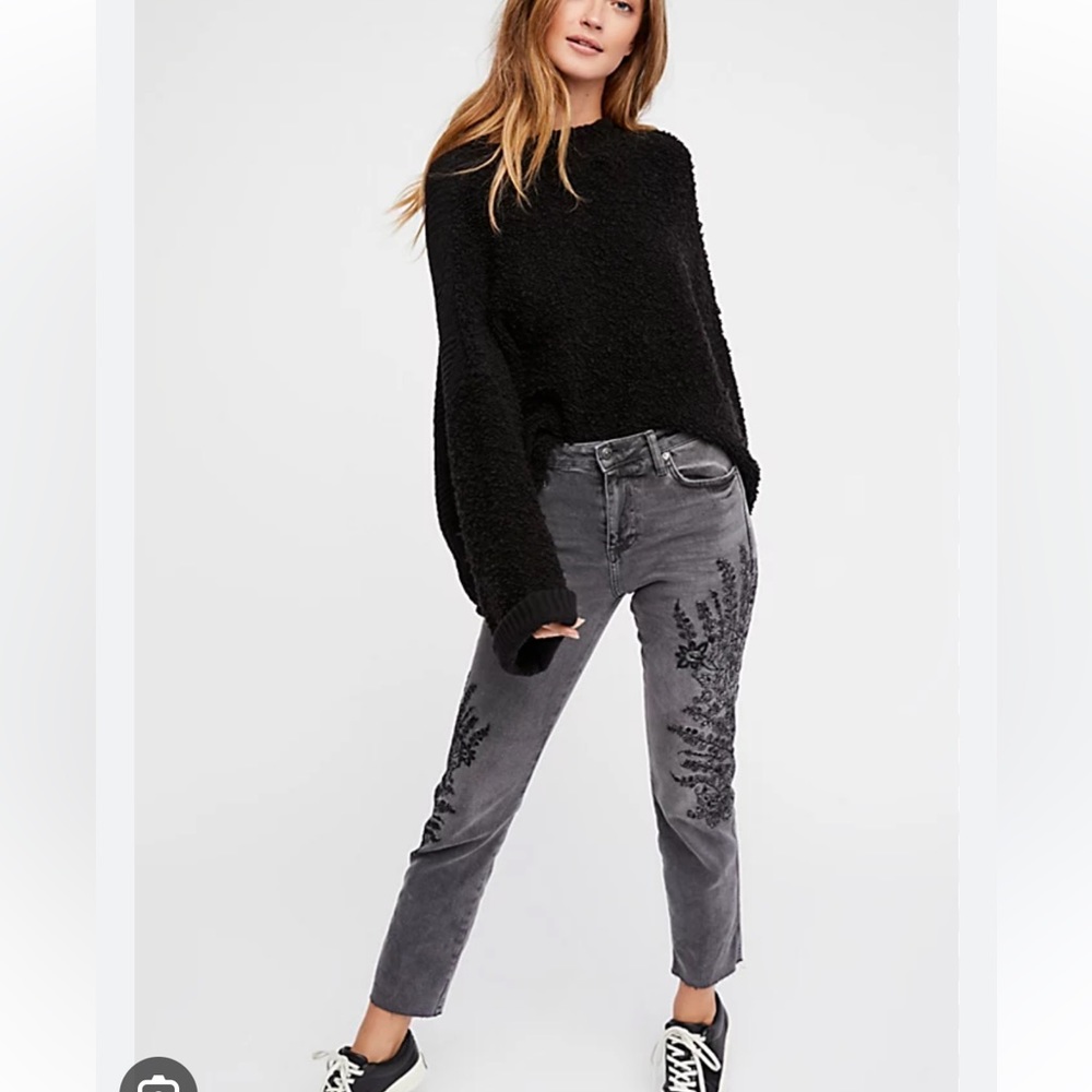 Free People Distressed Embroidered High-Rise Jeans